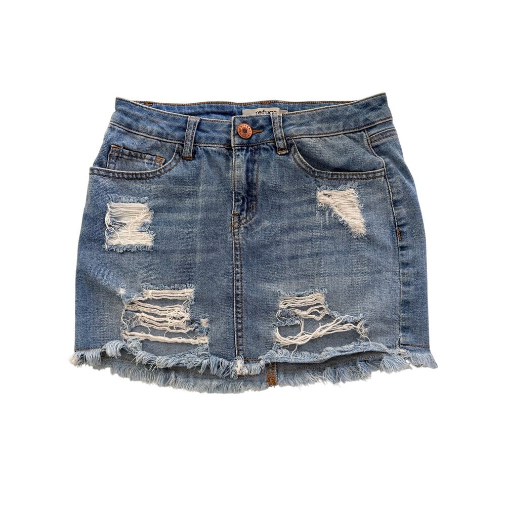 Refuge Denim Mini Skirt Distressed Ripped Raw Frayed Hem Y2K Grunge Jean Small